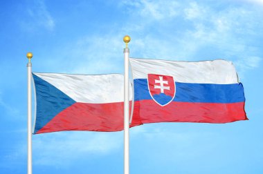 Çek ve Slovakya bayrak direkleri ve mavi bulutlu arka planda iki bayrak