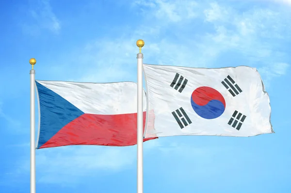 Czech South Korea Two Flags Flagpoles Blue Cloudy Sky Background — Stock Photo, Image