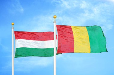 Macaristan ve Gine bayrak direkleri ve mavi bulutlu arka planda iki bayrak
