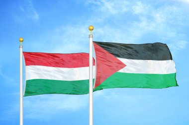 Macaristan ve Filistin bayrak direkleri ve mavi bulutlu arka planda iki bayrak
