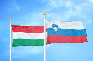 Macaristan ve Slovenya bayrak direkleri ve mavi bulutlu arka planda iki bayrak