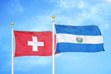 İsviçre ve El Salvador bayrak direkleri ve mavi bulutlu arka planda iki bayrak