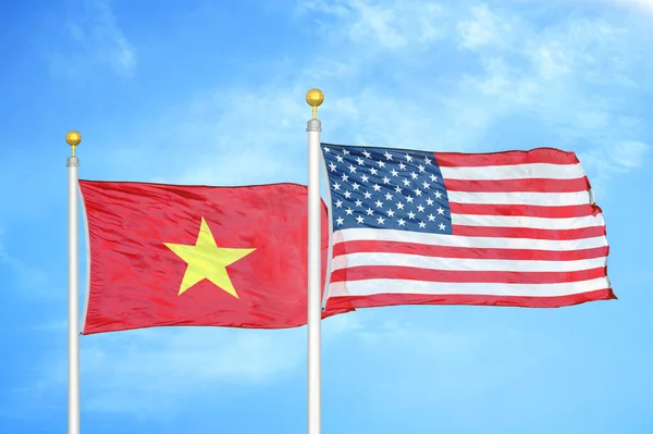 Vietnam United States Two Flags Flagpoles Blue Cloudy Sky Background — Stock Photo, Image