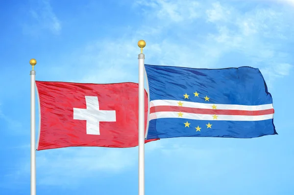 Suiza Cabo Verde Dos Banderas Sobre Asta Bandera Fondo Azul — Foto de Stock