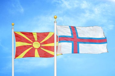 Kuzey Makedonya ve Faroe Adaları bayrak direkleri ve mavi bulutlu arka planda iki bayrak