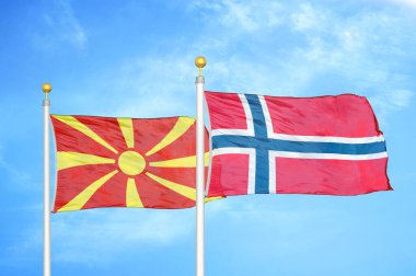 Kuzey Makedonya ve Norveç bayrak direkleri ve mavi bulutlu arka planda iki bayrak
