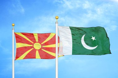 Kuzey Makedonya ve Pakistan bayrak direkleri ve mavi bulutlu arka planda iki bayrak