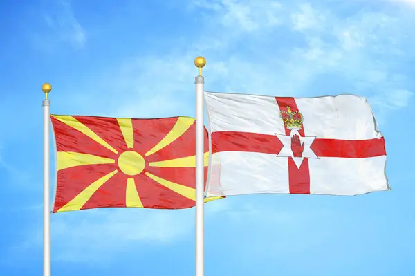 North Macedonia Northern Ireland Two Flags Flagpoles Blue Cloudy Sky — Stock Photo, Image