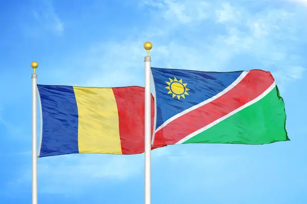 Rumanía Namibia Dos Banderas Sobre Asta Bandera Fondo Azul Cielo —  Fotos de Stock
