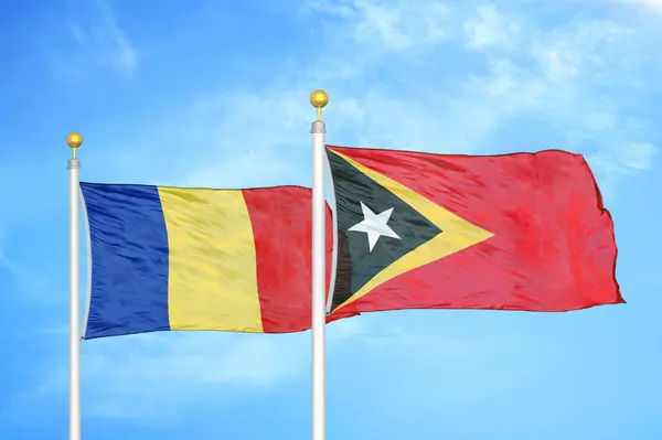 Rumanía Timor Oriental Timor Oriental Dos Banderas Sobre Asta Bandera —  Fotos de Stock