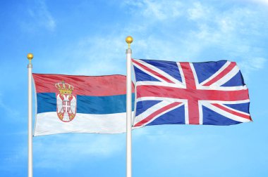 Sırbistan ve İngiltere bayrak direkleri ve mavi bulutlu arka planda iki bayrak