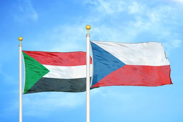 Sudan Czech Republic Two Flags Flagpoles Blue Cloudy Sky Background — Stock Photo, Image