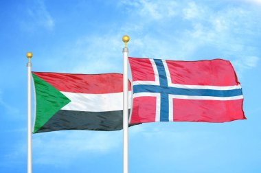 Sudan ve Norveç bayrak direkleri ve mavi bulutlu arka planda iki bayrak