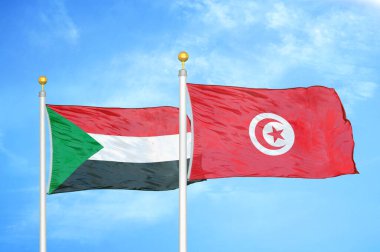 Sudan ve Tunus bayrak direkleri üzerinde iki bayrak ve mavi bulutlu arka plan