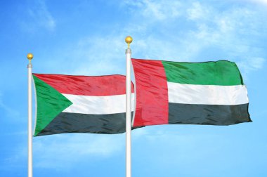 Sudan ve Birleşik Arap Emirlikleri bayrak direkleri ve mavi bulutlu arka planda iki bayrak