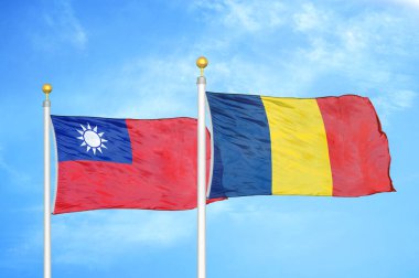 Tayvan ve Çad bayrak direğinde iki bayrak ve mavi bulutlu arka plan