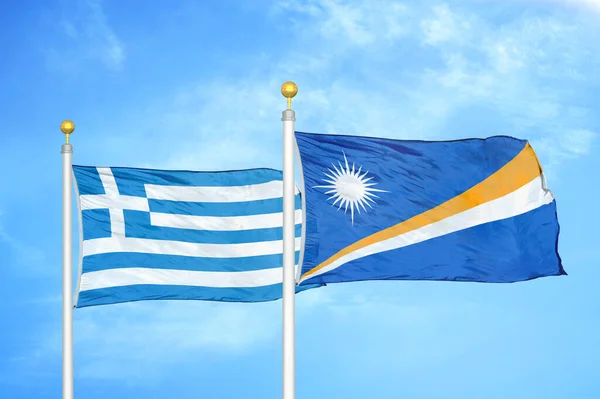 Greece Marshall Islands Two Flags Flagpoles Blue Cloudy Sky Background — Stock Photo, Image