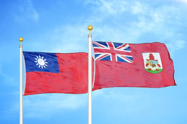 Taiwan Bermuda Two Flags Flagpoles Blue Cloudy Sky Background — Stock Photo, Image