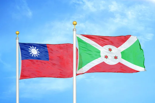 Taiwan Burundi Two Flags Flagpoles Blue Cloudy Sky Background — Stock Photo, Image