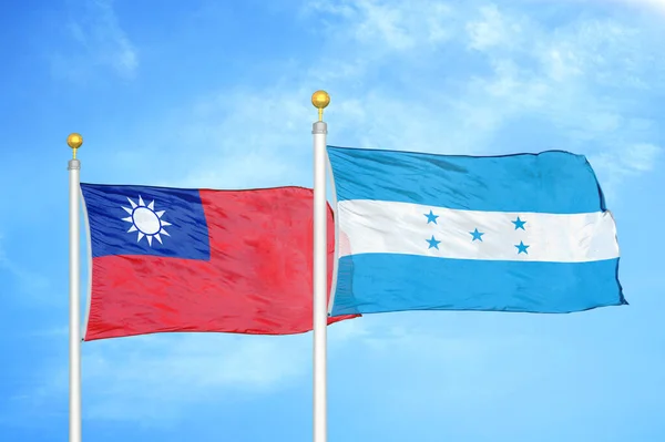 Taiwan Honduras Two Flags Flagpoles Blue Cloudy Sky Background — Stock Photo, Image