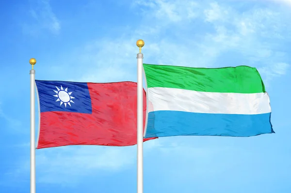 Taiwan Sierra Leone Two Flags Flagpoles Blue Cloudy Sky Background — Stock Photo, Image