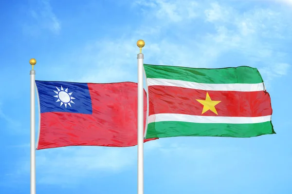 Taiwan Suriname Two Flags Flagpoles Blue Cloudy Sky Background — Stock Photo, Image