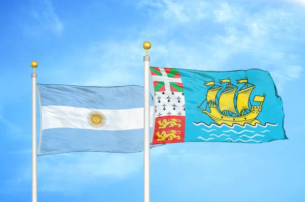 Argentina Saint Pierre Miquelon Two Flags Flagpoles Blue Cloudy Sky — Stock Photo, Image