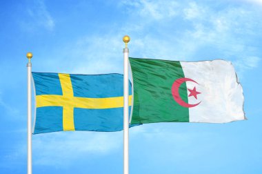 İsveç ve Cezayir bayrak direkleri üzerinde iki bayrak ve mavi bulutlu arka plan
