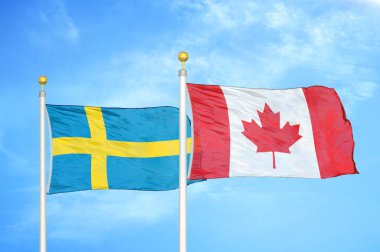 İsveç ve Kanada bayrak direkleri ve mavi bulutlu arka planda iki bayrak