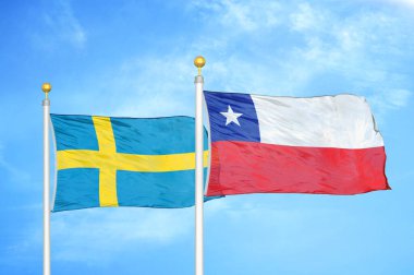 İsveç ve Şili bayrak direkleri üzerinde iki bayrak ve mavi bulutlu arka plan