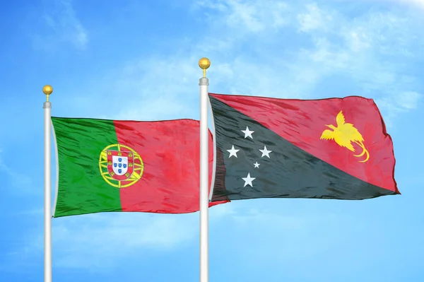 Portugal Papúa Nueva Guinea Dos Banderas Sobre Asta Bandera Fondo — Foto de Stock