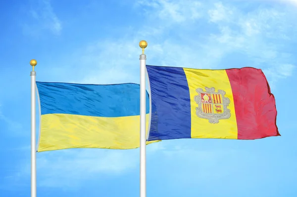 Ucrania Andorra Dos Banderas Sobre Asta Bandera Fondo Azul Cielo —  Fotos de Stock