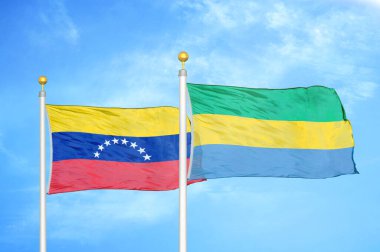Venezuela ve Gabon bayrak direkleri ve mavi bulutlu arka planda iki bayrak