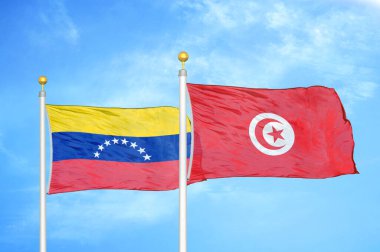 Venezuela ve Tunus bayrak direkleri ve mavi bulutlu arka planda iki bayrak