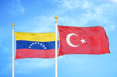 Venezuela ve Türkiye bayrak direkleri ve mavi bulutlu arka planda iki bayrak