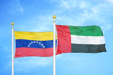 Venezuela ve Birleşik Arap Emirlikleri bayrak direkleri ve mavi bulutlu arka planda iki bayrak