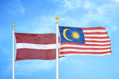 Letonya ve Malezya bayrak direkleri ve mavi bulutlu arka planda iki bayrak