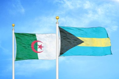 Cezayir ve Bahamalar bayrak direğinde iki bayrak ve mavi bulutlu arka plan