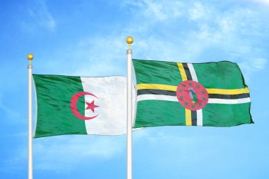 Cezayir ve Dominica bayrak direkleri ve mavi bulutlu arka planda iki bayrak