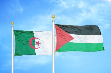 Cezayir ve Filistin bayrak direkleri üzerinde iki bayrak ve mavi bulutlu arka plan