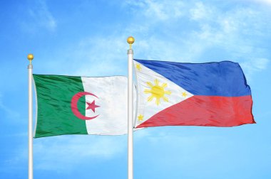 Cezayir ve Filipinler bayrak direkleri ve mavi bulutlu arka planda iki bayrak
