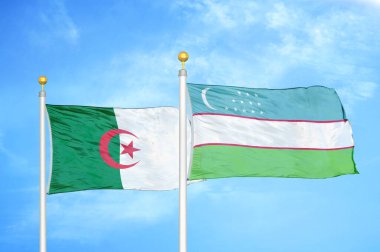 Cezayir ve Özbekistan bayrak direkleri ve mavi bulutlu arka planda iki bayrak