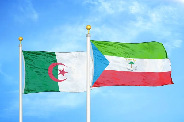 Algeria Equatorial Guinea Two Flags Flagpoles Blue Cloudy Sky Background — Stock Photo, Image