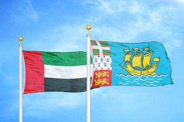 Birleşik Arap Emirlikleri ve Saint Pierre ve Miquelon bayrak direkleri üzerinde iki bayrak