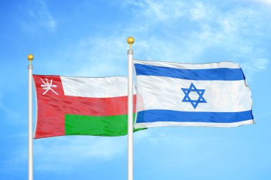 Umman ve İsrail bayrak direkleri ve mavi bulutlu arka planda iki bayrak