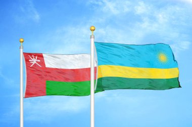 Umman ve Ruanda bayrak direkleri ve mavi bulutlu arka planda iki bayrak