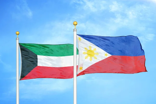 Kuwait Philippines Two Flags Flagpoles Blue Cloudy Sky Background — Stock Photo, Image