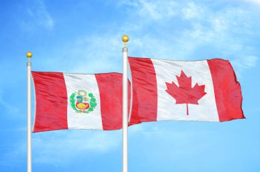 Peru ve Kanada bayrak direkleri ve mavi bulutlu arka planda iki bayrak
