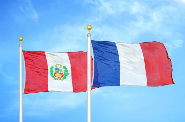 Peru France Two Flags Flagpoles Blue Cloudy Sky Background — Stock Photo, Image