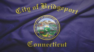 Connecticut 'tan Bridgeport ve ABD bayrağı kumaş dokusu arka planında